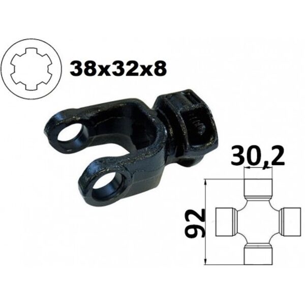 Widłak ciągnikowy 38x32x8 (8 frezów ) , na krzyżak 30,2x92mm,